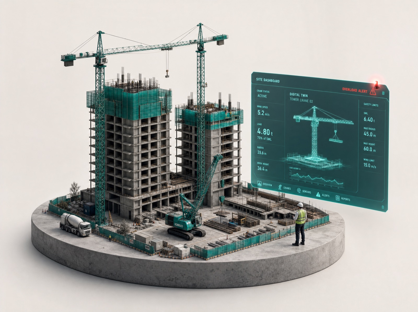 Tower cranes monitored live with a sensor dashboard and 3D digital twin