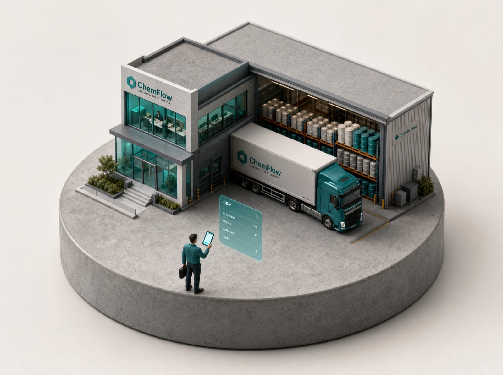Chemical-distribution warehouse with a field-sales CRM on a phone