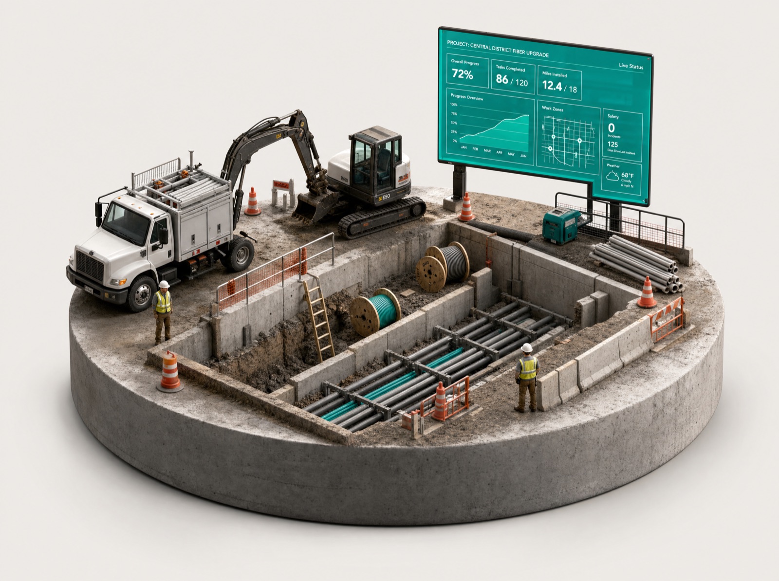 Underground utility and fibre construction site with an operations dashboard