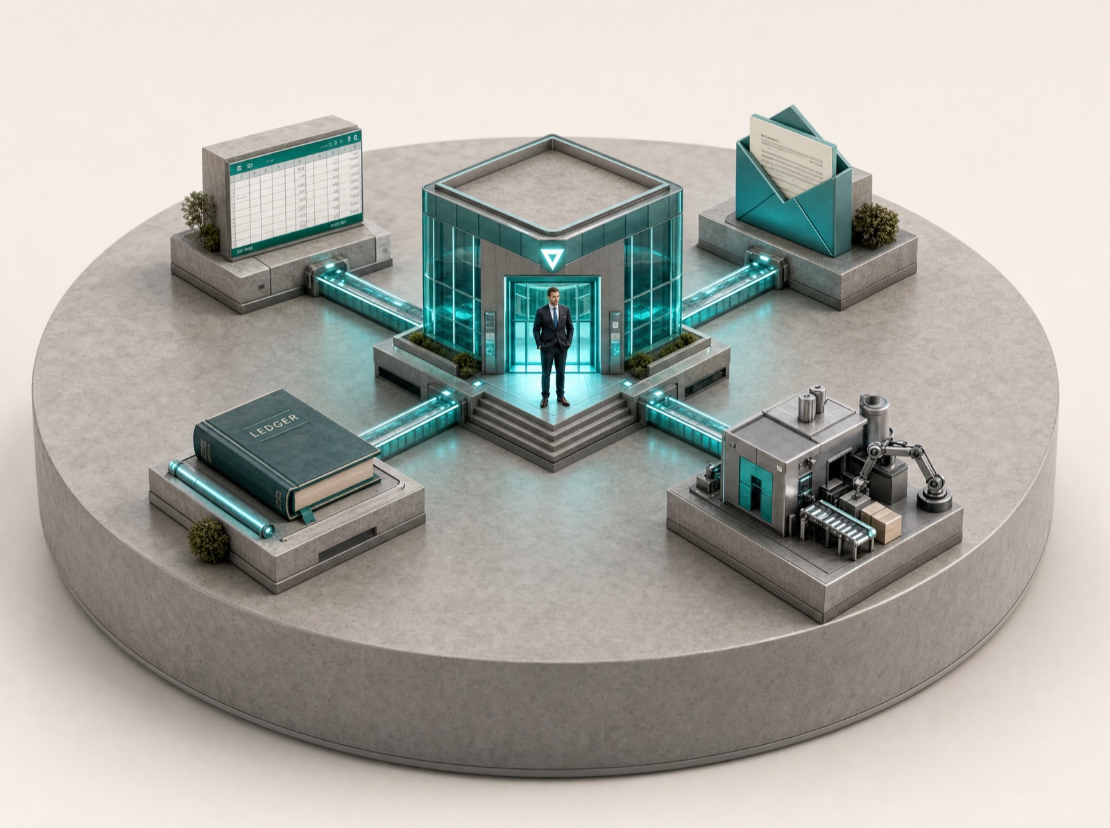 A central AI hub wired to every business tool — spreadsheets, mail, ledger and machines